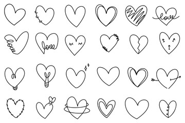 Collection set of hand drawn scribble hearts isolated on white background. Vector set of hand drawn hearts on a white background. Heart Icons Set, hand drawn icons and illustrations for valentines.