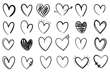 Heart Icons Set, hand drawn icons and illustrations for valentines. Collection set of hand drawn scribble hearts isolated on white background Vector set of hand drawn hearts on a white background.