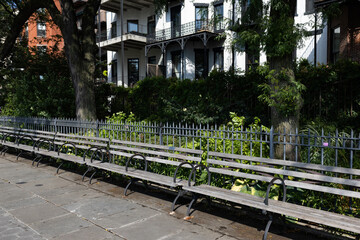 Empty Benches at the Brooklyn Heights Promenade during the Summer in New York City