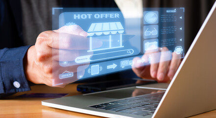 Online shopping market concept. Person shop and buy via internet digital store, pay with credit card in laptops through web application. 