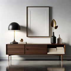Contemporary home interior with artwork mockup, sleek wooden sideboard, elegant table lamp, minimalist decor, modern living space, stylish room design, luxury home staging, chic wall art display