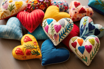 Fototapeta na wymiar Small colorful fabric pillows shaped like a heart