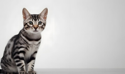 Cute bengal cat on white background copy space