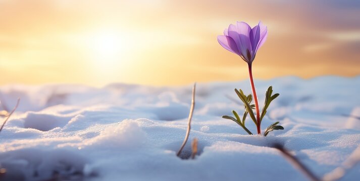 Purple flowering crocus on the side against the light in spring on a meadow. The sun shines from behind. AI generated image