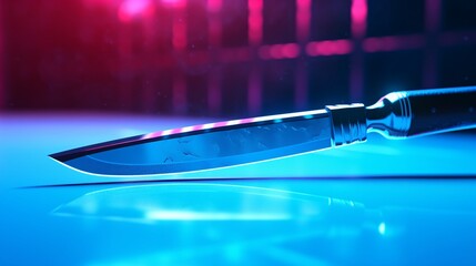 a knife on a neon-infused table - obrazy, fototapety, plakaty
