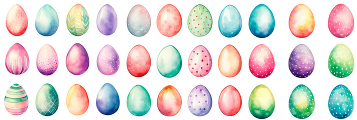 Set of  Cute watercolor easter eggs, isolated on transparent background