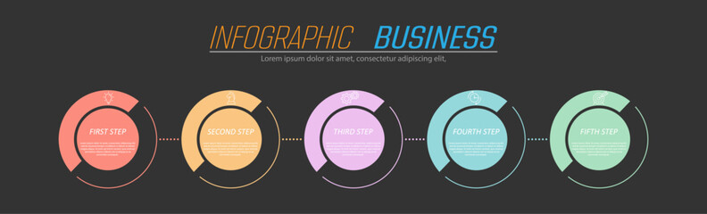 5 stages of development, improvement or training. Infographics with visual action icons for business, finance, project, plan or marketing © Pavel