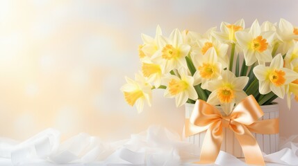 bouquet of fresh yellow narcissus, daffodil flowers tied with a ribbon on a light background. Greeting card, banner with space for text for Mother's Day, Valentine's Day or Women's Day