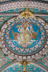 Detail of the ceilings of the Basilica of Fourviere in Lyon (France), with a zoom on the mosaics of one of the vaults