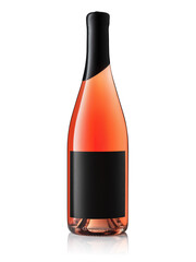 A bottle of rose wine with a black label is isolated on a white background. Glare, reflection on the glass. Vertical photo. Layout.