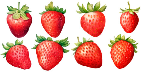Set of strawberries watercolor, isolated on transparent background