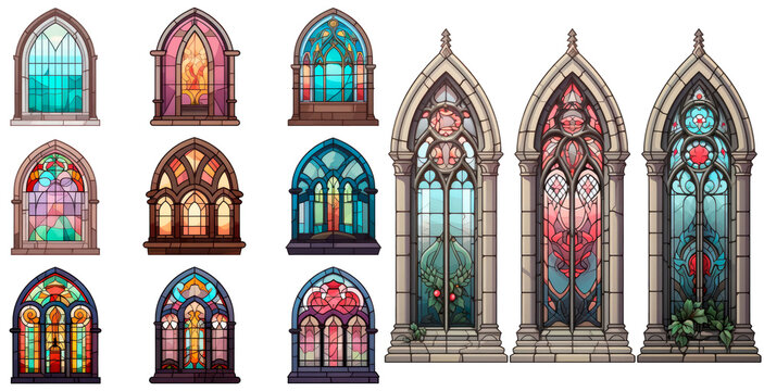  Set of Church Windows. Gothic window. Illustration in stained glass style with abstract pattern, isolated on transparent background