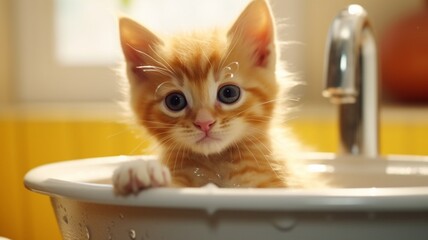AI Generative Tiny orange kitten being bathed sink pictures
