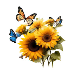 Sunflowers with multi-colored butterflies, side view, in a PNG, floral nature-themed, isolated, and transparent photorealistic illustration. Generative ai