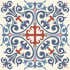 Floral texture in asian style. Geometric ceramic design tile. Vintage  Illustration background