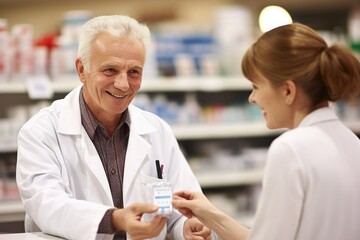Warm scenes of pharmacists assisting elderly clients in a drug store, providing care and expert advice with compassion