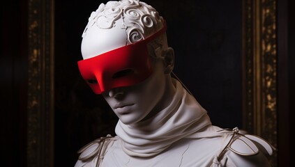 the sculpture of a statue with red blindfold, conceptual playlists - obrazy, fototapety, plakaty