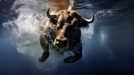 Bull jump into a water. Underwater photography. Animal dive into the Depths. Beauty of wild nature. Hunting. - obrazy, fototapety, plakaty