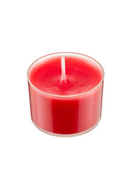 New red candle with red wax in a glass cup without fire on a white background