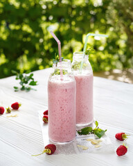 milkshake of strawberries and raspberries with mint, on a light table in the garden, close-up without people