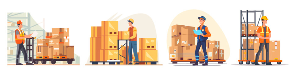 Warehouse workers set - flat color vector illustration - flat color vector illustration - 691583258