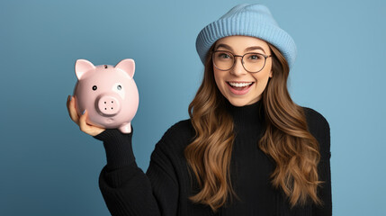 Smiling young girl holding a piggybank against blue background