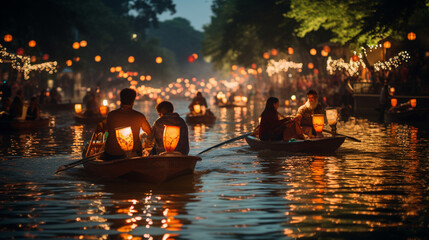 Lantern-lit boat parade on a serene river.