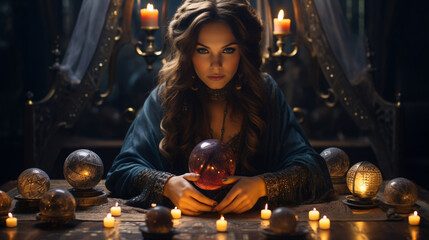 Mysterious fortune teller with a crystal ball and tarot cards. - obrazy, fototapety, plakaty