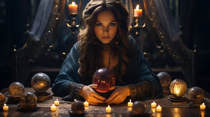 Poster Mysterious fortune teller with a crystal ball and tarot cards. © Julia