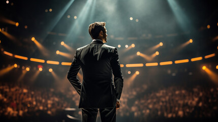 A poised figure, clad in a sharp business suit, commands the stage, facing a sea of expectant faces. His presence radiates confidence and authority, a beacon of leadership. The spo