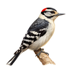 Obraz premium a Downy woodpecker male sitting on a branch in a side view, PNG, Backyard bird-themed, isolated, and transparent photorealistic illustration. Generative ai