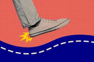 Collage 3d image of pinup pop retro sketch of leg wear gumshoes walking step road highway billboard comics zine minimal concept