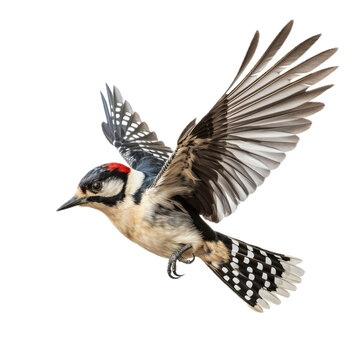 a male Downy woodpecker flying in motion, in a side view, isolated and transparent PNG in a Nature-themed, photorealistic illustration. Generative ai