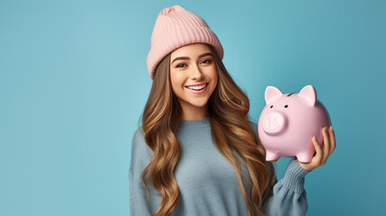 Smiling young girl holding a piggybank against blue background