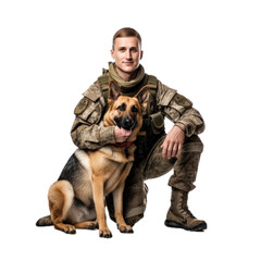 a military soldier/man with his K-9 dog in a front view, PNG  isolated and transparent leisure-themed, photorealistic illustration. Generative ai
