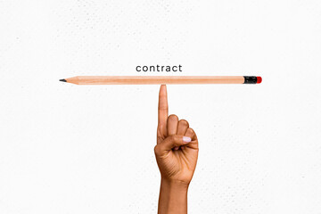 Collage picture illustration photorealism contract human hand hold touch pencil contact balance...