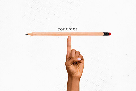 Collage picture illustration photorealism contract human hand hold touch pencil contact balance minimalism template empty background