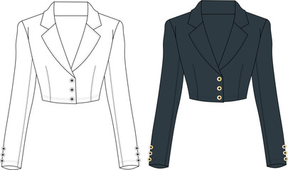 Women's Cropped Blazer Jacket. Jacket technical fashion illustration. Flat apparel jacket template. Women's CAD mock-up. Women's Crop Jacket technical fashion illustration, button-up, double breasted 