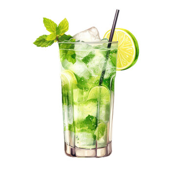 a Mojito with lime and mint leaves in a side view, isolated and transparent PNG in a drink-themed, photorealistic illustration. Generative ai