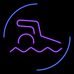 swimming neon sign, modern glowing banner design, colorful modern design trend on black background. Vector illustration.