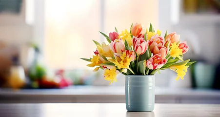 Muurstickers Bouquet of fresh colorful garden flowers like tulips and narcissus located in ceramic vase on table at home in spring day © Bonsales