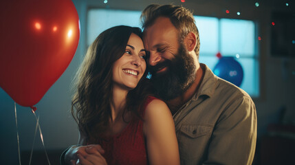 Fototapeta premium Couple is closely embracing and smiling at each other amidst a festive background