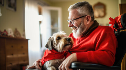 Joyful elderly man in a wheelchair, and a fluffy dog at home