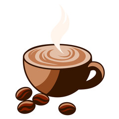 hot coffee in mug with coffee beans