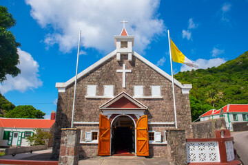 Sacred Heart Church in The Bottom historic town center in Saba, Caribbean Netherlands. This is the most important church in Saba.  - obrazy, fototapety, plakaty