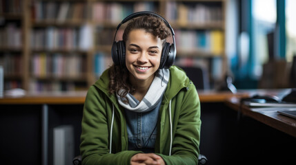 Cheerful young person in a wheelchair wearing headphones, sitting in a library with bookshelves in the background.