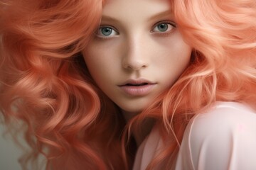 Close up portrait of beautiful young woman with peach colored loose hair over blurred background