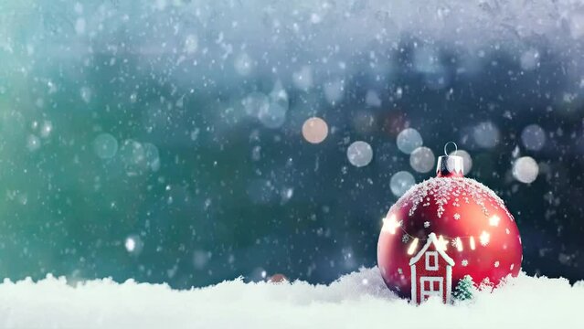 Animated Christmas concept decorations with a christmas ball surrounded by snowfall. Cartoon style. seamless looping time lapse video 4k animation background.