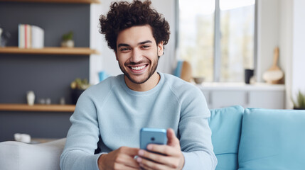 A man sits on the couch at home and smiles holding his smartphone in his hands