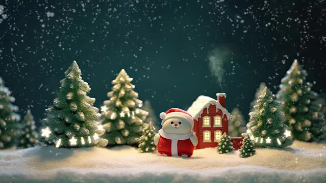 Animated Christmas concept decorations with a snowbear surrounded by snowfall. Cartoon style. seamless looping time lapse video 4k animation background.